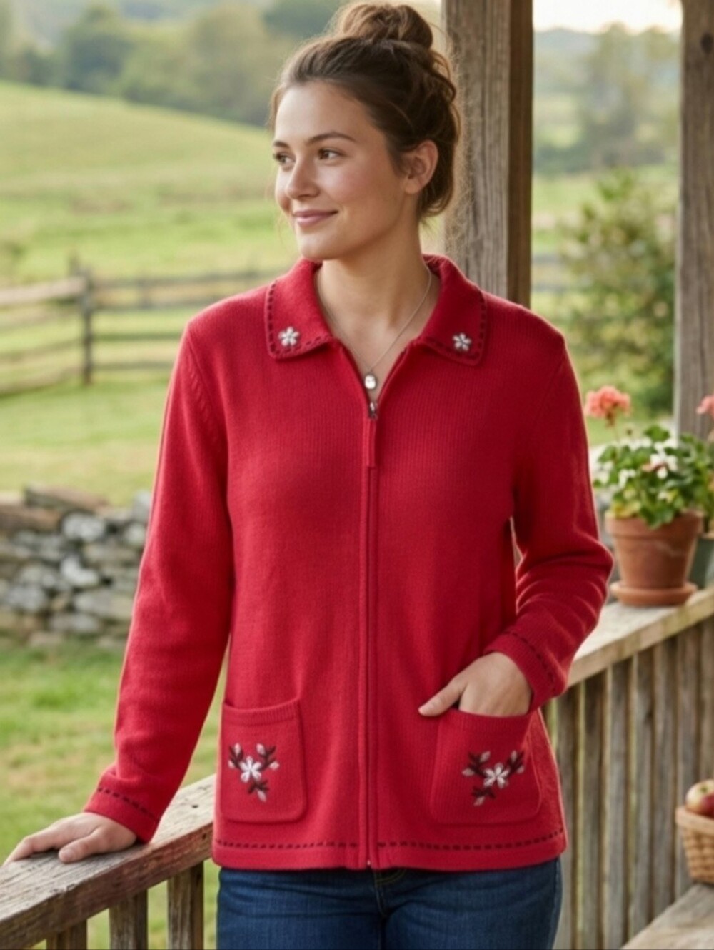 Vintage 90's Northern Reflections Red Embroidered Zip Up Cardigan Sweater XL